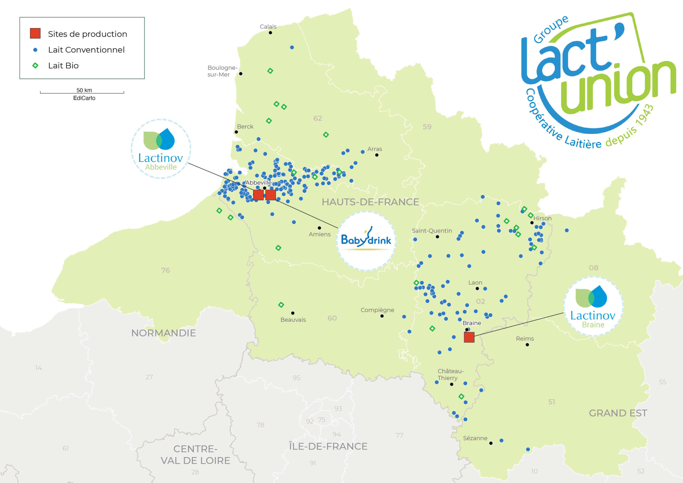 Carte des sites de production de laits pour le groupe Lact'Union, coopérative laitière